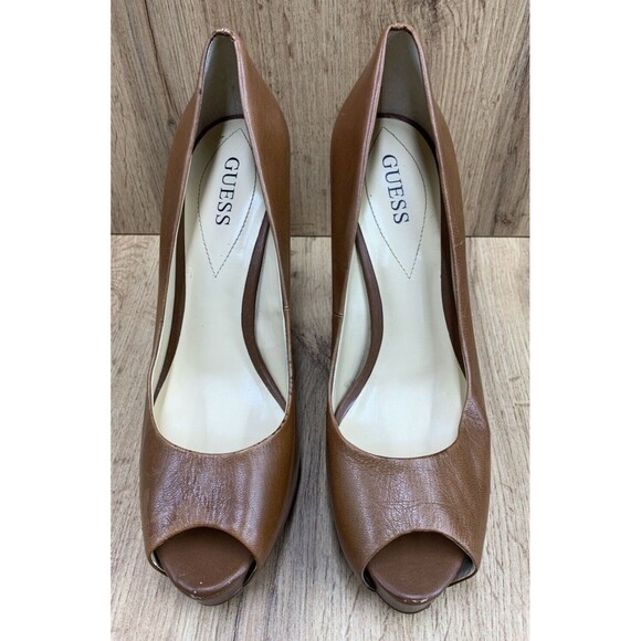 Guess Stilettos Platform Leather Pumps Women's Size 10 M Brown Peep Toe Patches3 - Picture 4 of 16